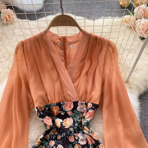 Floral V-Neck Patchwork Empire Dress